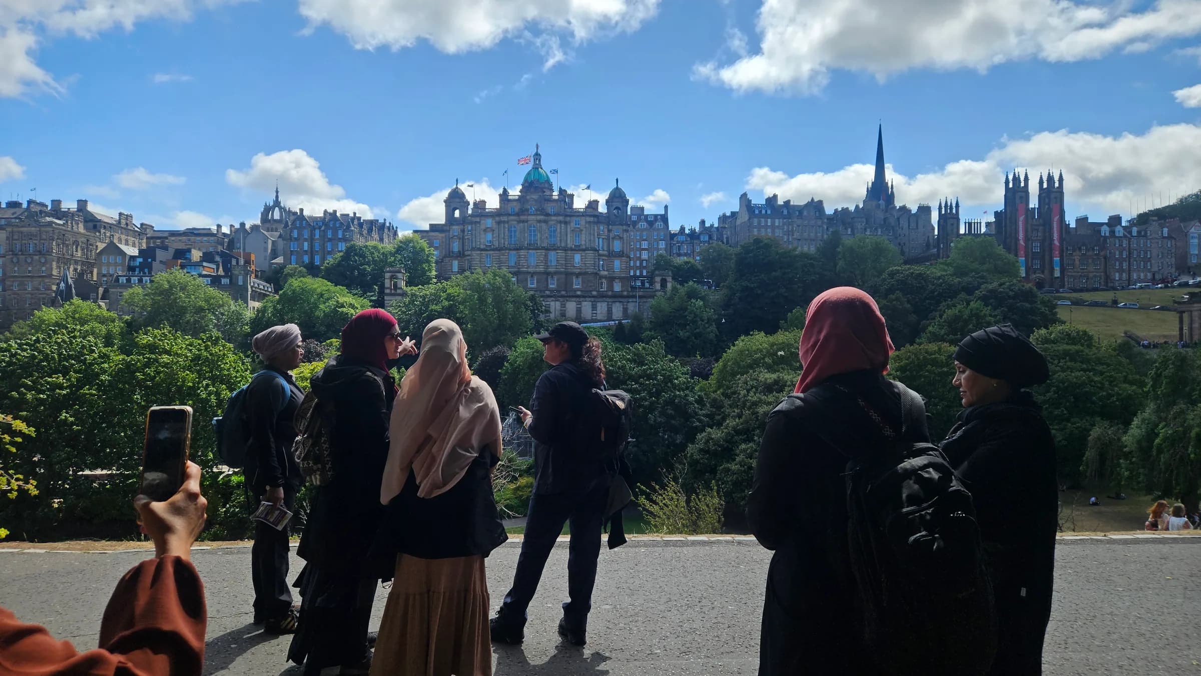 The group looking across Princes Street Gardens to Edinburgh's Old Town