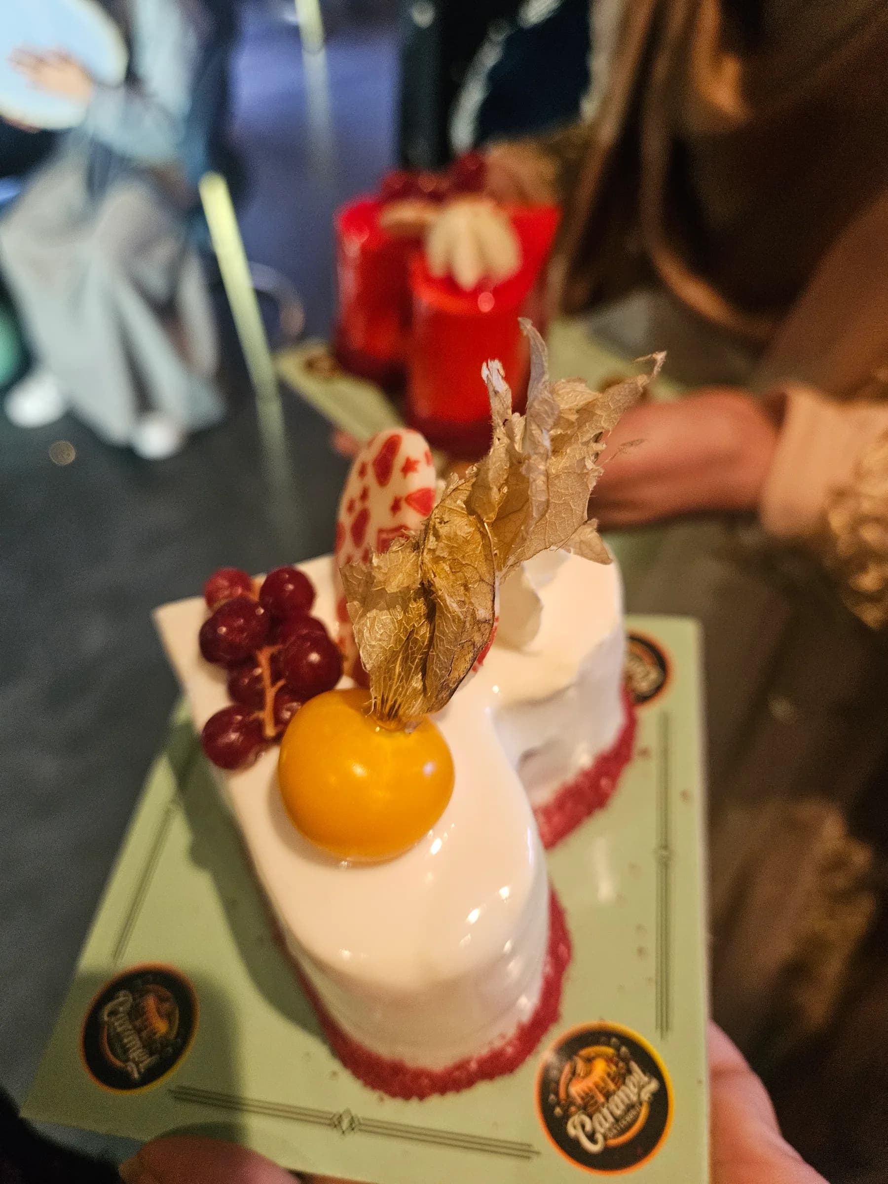 A decorated dessert with fruit