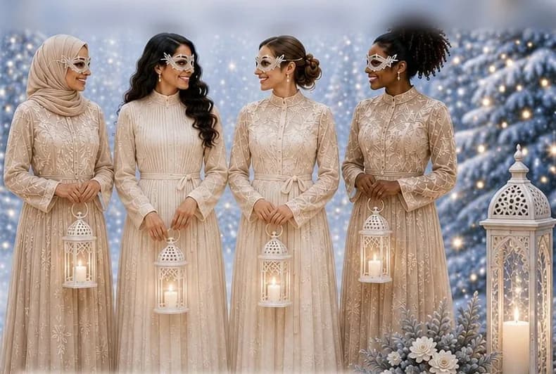 Four sisters in elegant cream dresses and masks holding lanterns in a snowy winter setting