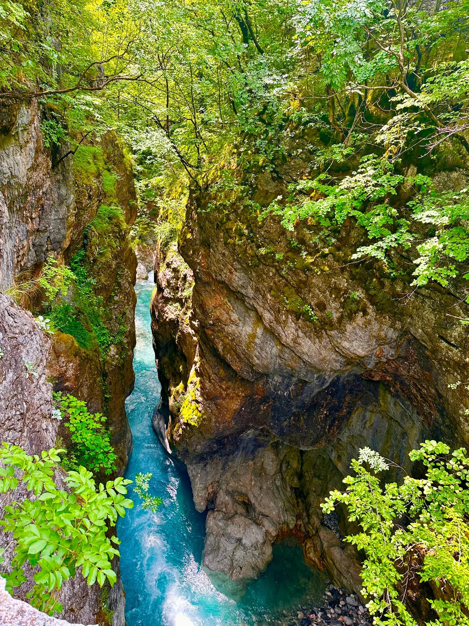 A turquoise river running through a deep, green gorge