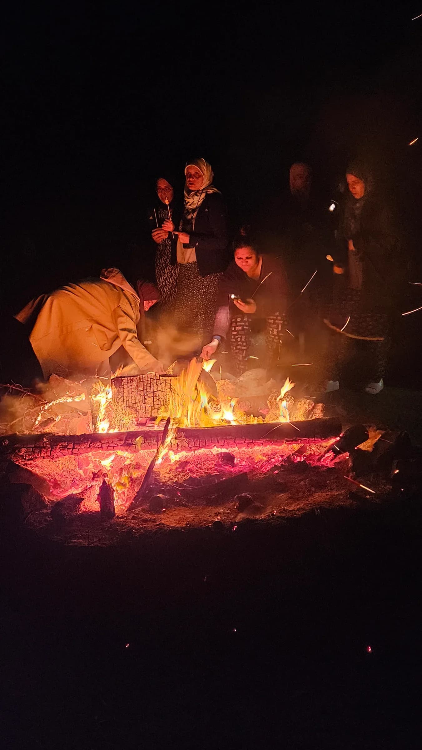 Sisters gathered around the campfire at night