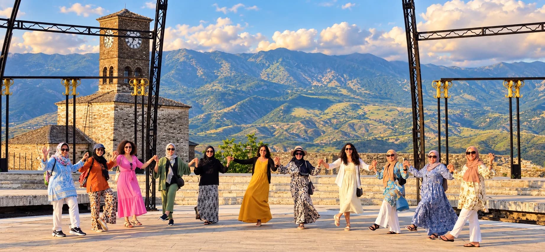 Sisters holding hands in a line beside the clock tower at Gjirokastër Castle