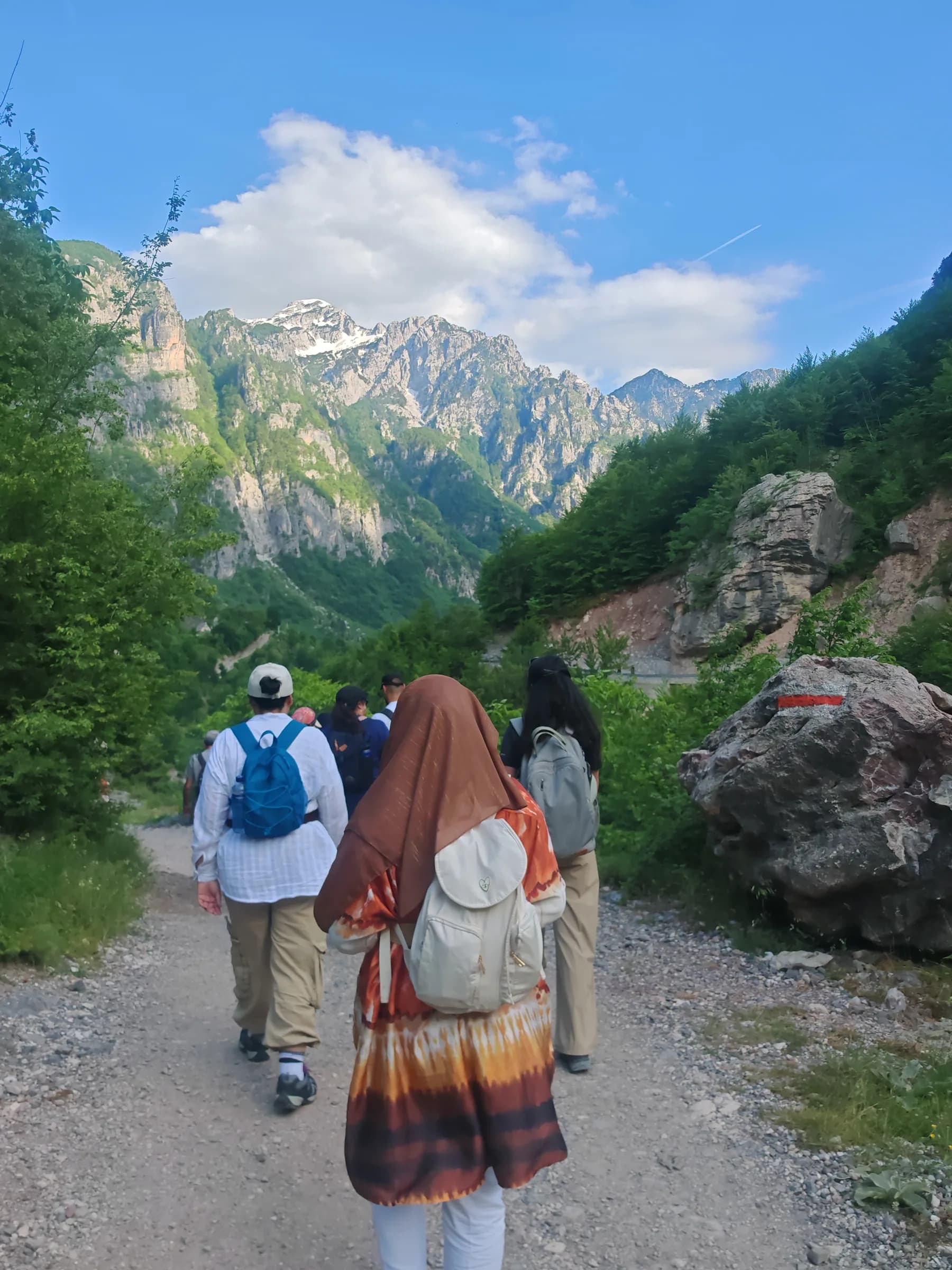 Sisters hiking along a mountain trail with backpacks