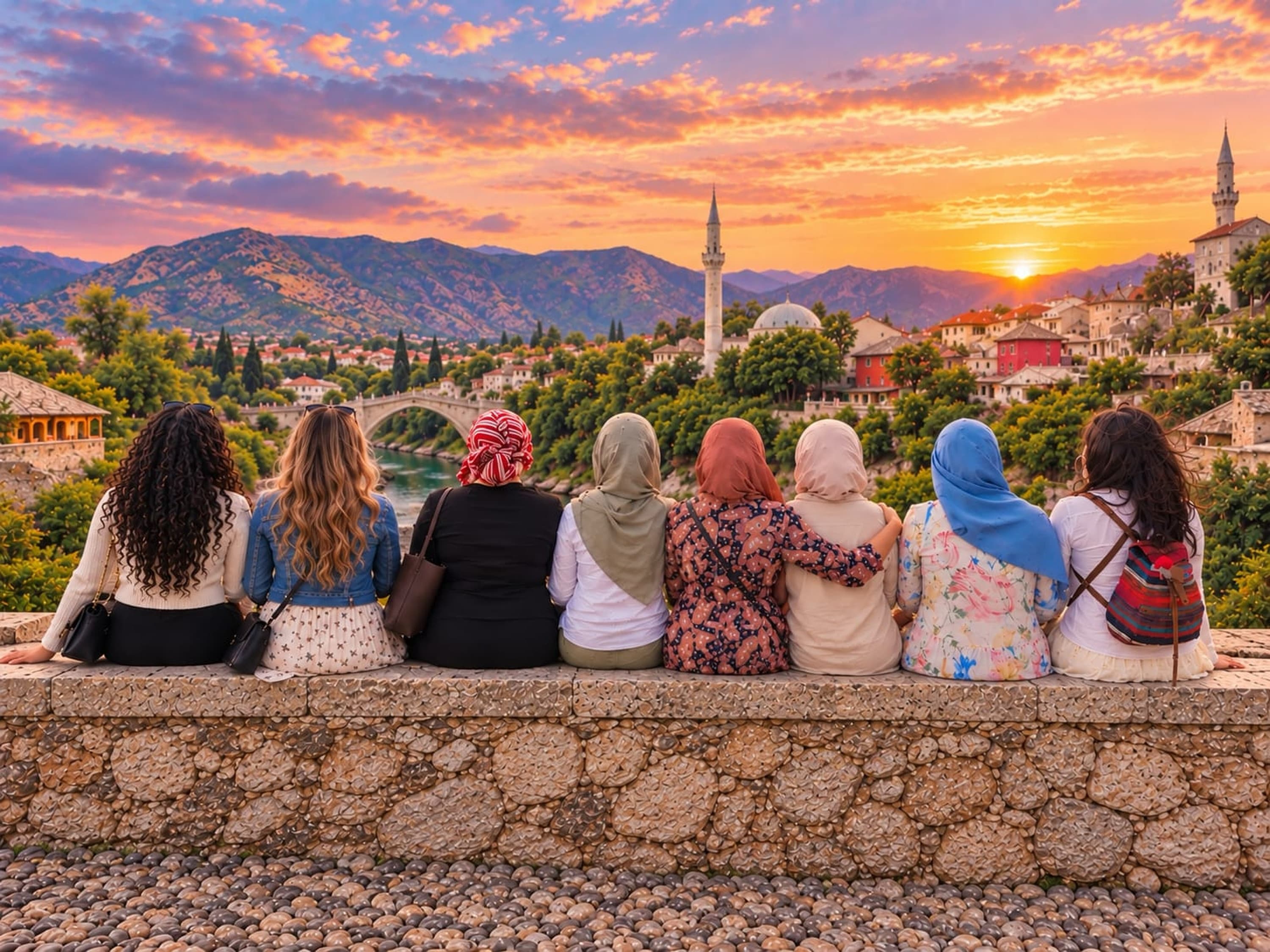 A group of Sisters Beyond women looking out over a sunset valley together