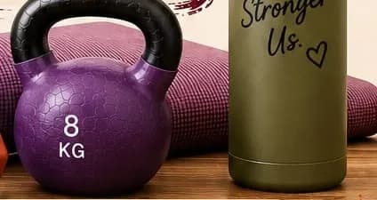 A kettlebell, exercise mat and water bottle ready for the strength class