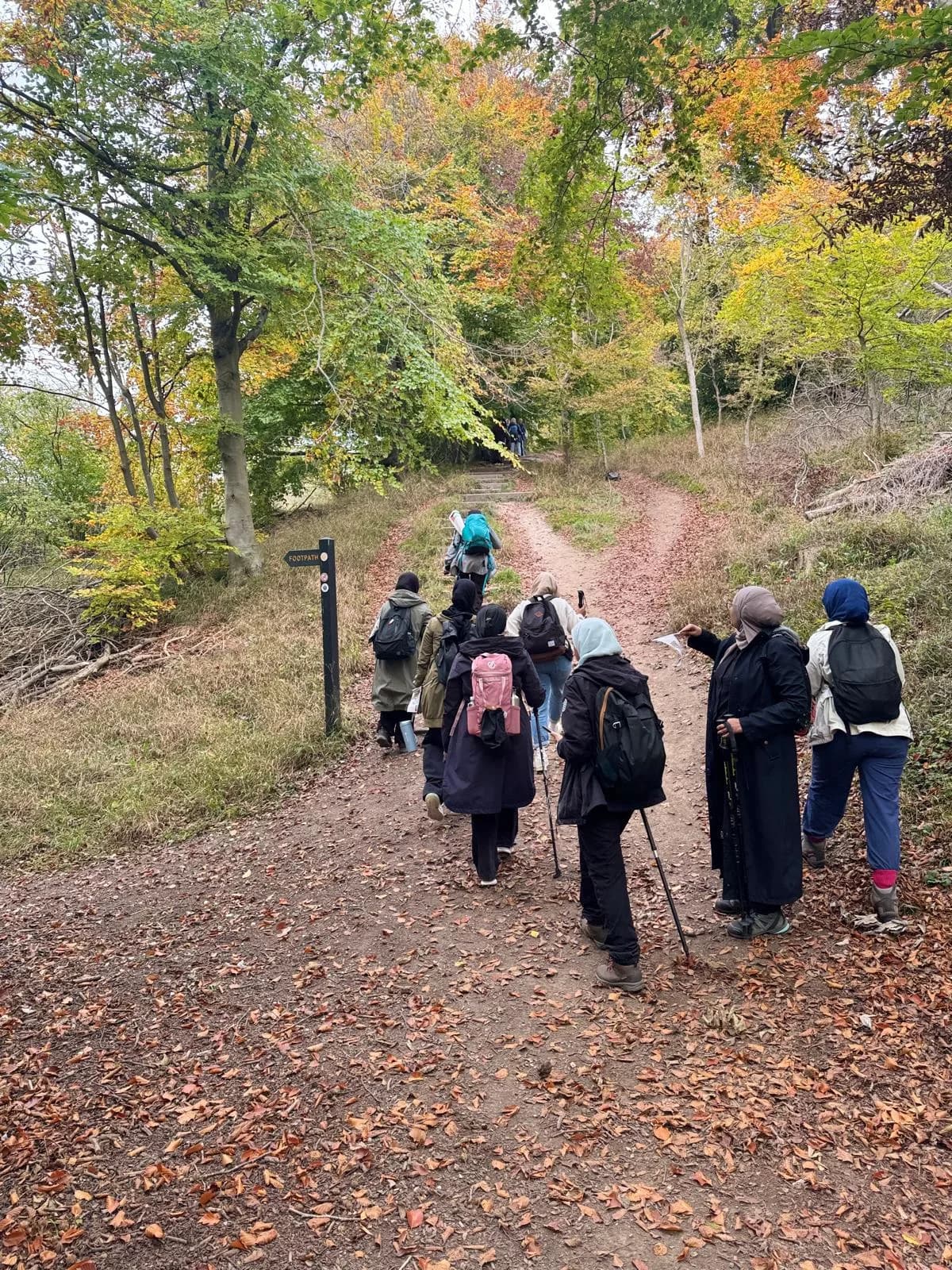 Sisters hiking up a wooded path in autumn